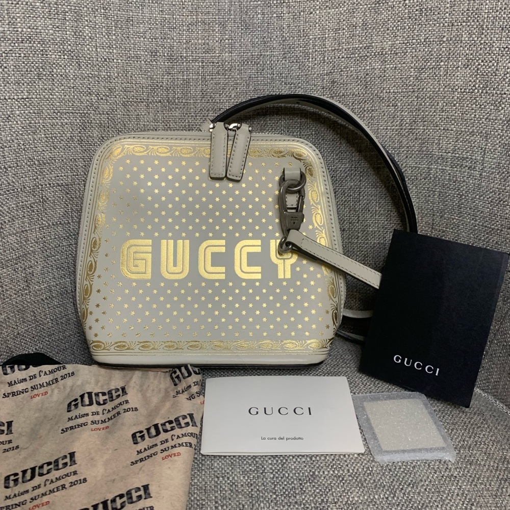GUCCI X SEGA Calfskin GUCCY Stars Mini Dome Shoulder Bag Mystic White Gold